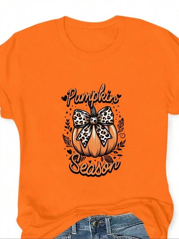 Women's Pumpkin & Letter Print Round Neck Tee, Fashion Casual Crew Neck Short Sleeve T-shirt for Daily Holiday Vacation...