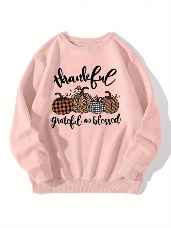 Women's Pumpkin & Letter Print Thermal Lined Sweatshirt, Trendy Casual Drop Shoulder Round Neck Pullover, Women's Fall &...