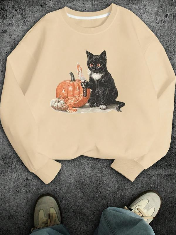 Women's Pumpkin Cat Print Round Neck Pullover Sweatshirt, Thick Fleece Casual Fit for Fall & Winter Daily Wear T-Shirts,...