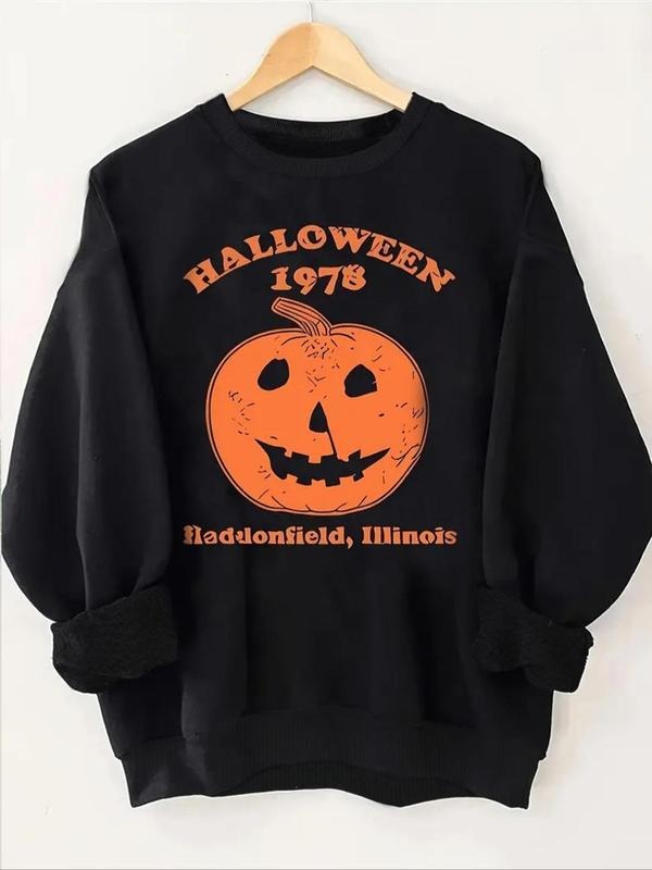 Women's Pumpkin Print Crew Neck Sweatshirt, Halloween Themed  Casual Long Sleeve Pullover for Fall & Winter, Women's...