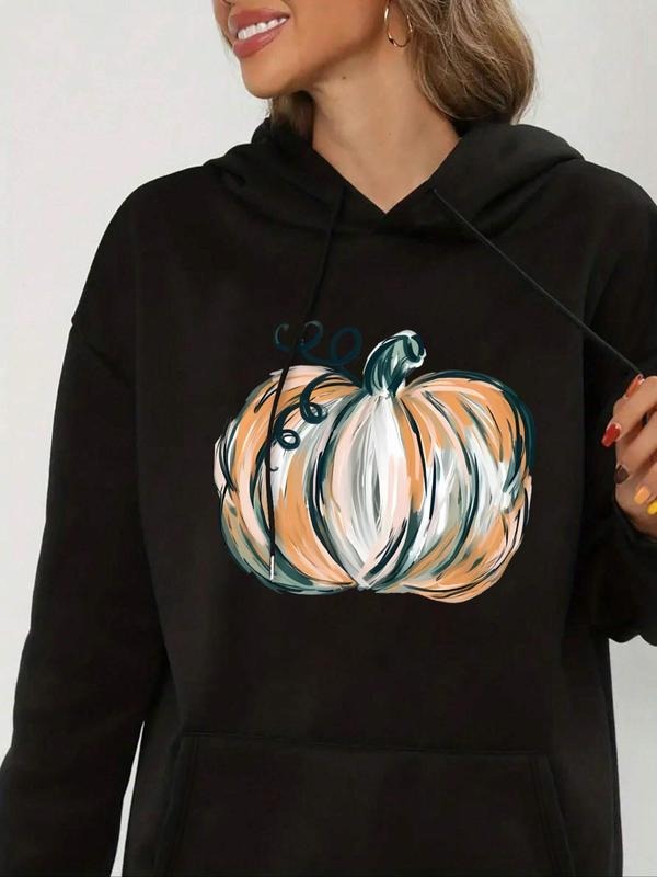 Women's Pumpkin Print Drop Shoulder Drawstring Hoodie, Fashion Casual Pocket Hooded Sweatshirt for Daily Holiday Outdoor...