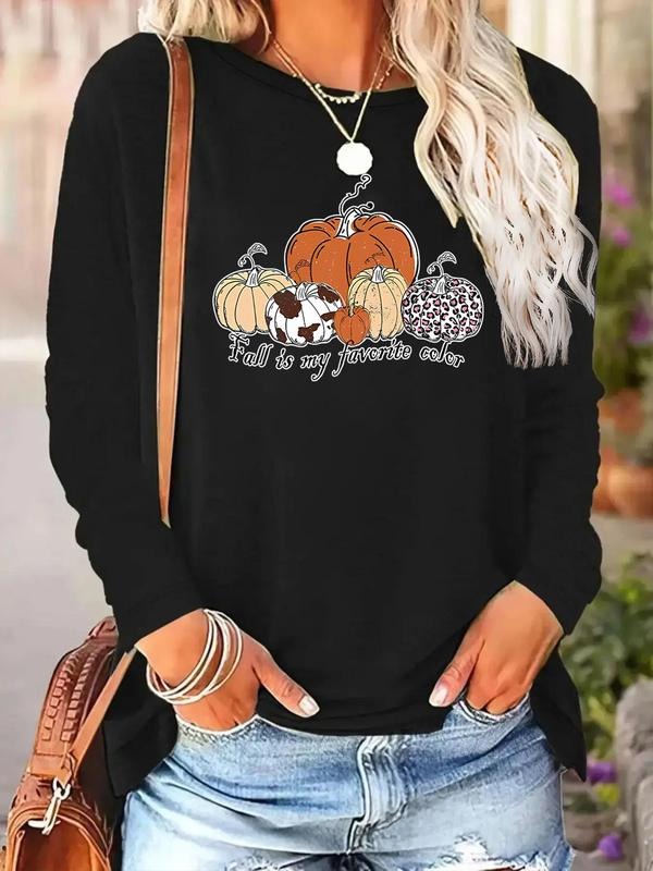 Women's Pumpkin Print Round Neck Tee, Casual Long Sleeve Crew Neck T-shirt for Fall & Winter, Women's Top for Daily Wear...