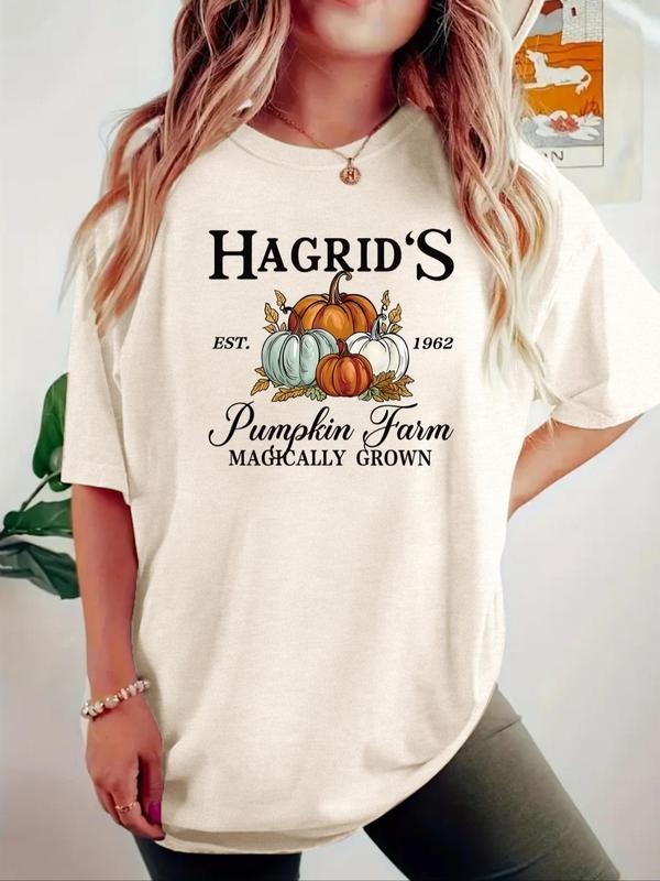 Women's Pumpkin Print Round Neck Tee, Casual Short Sleeve Crew Neck T-shirt for Summer, Fashion Women's Top for Daily...