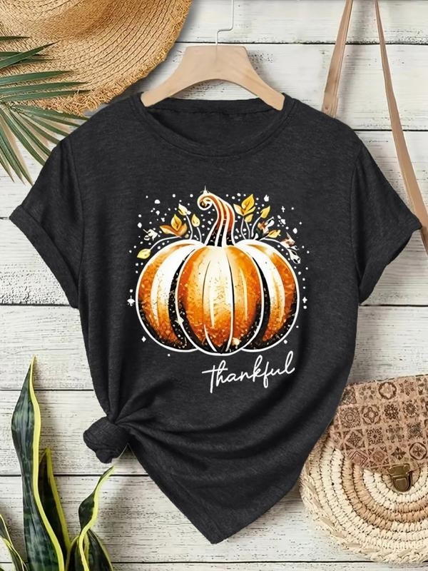 Women's Pumpkin Thanksgiving Print Casual Summer Top, Crewneck Short Sleeve T-shirt, Comfortable Breathable Fit S-xxl...