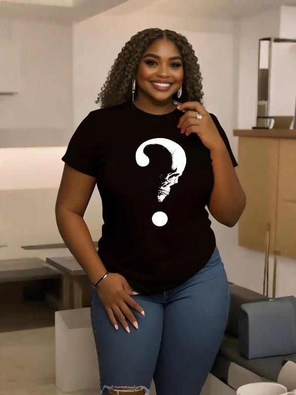 Women's Question Mark Print Round Neck Tee, Fashion Casual Crew Neck Short Sleeve T-shirt for Daily Holiday Vacation...