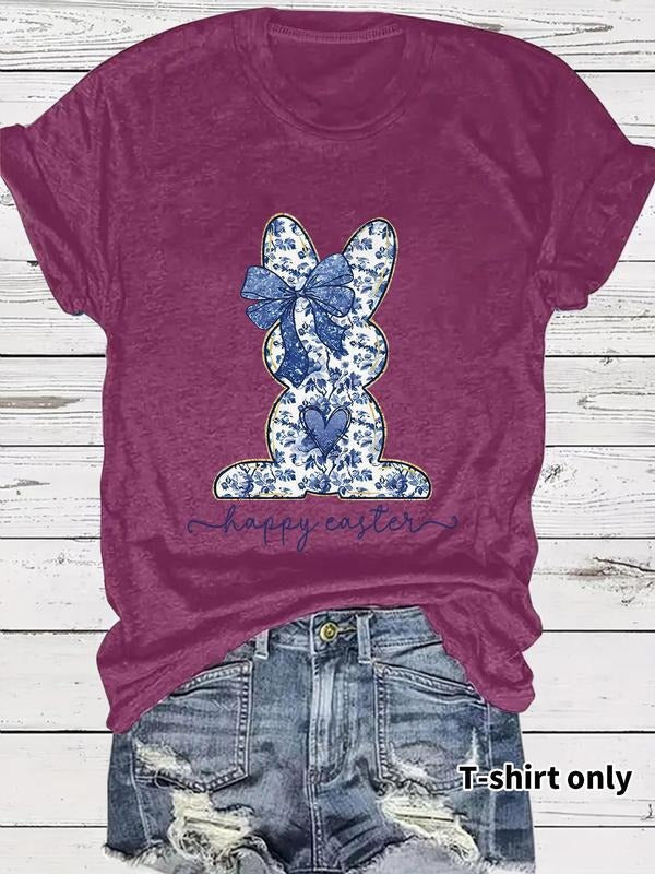 Women's Rabbit & Bow Print Round Neck Tee, Casual Fashion Short Sleeve T-shirt for Summer, Ladies Clothes for Daily Wear,...