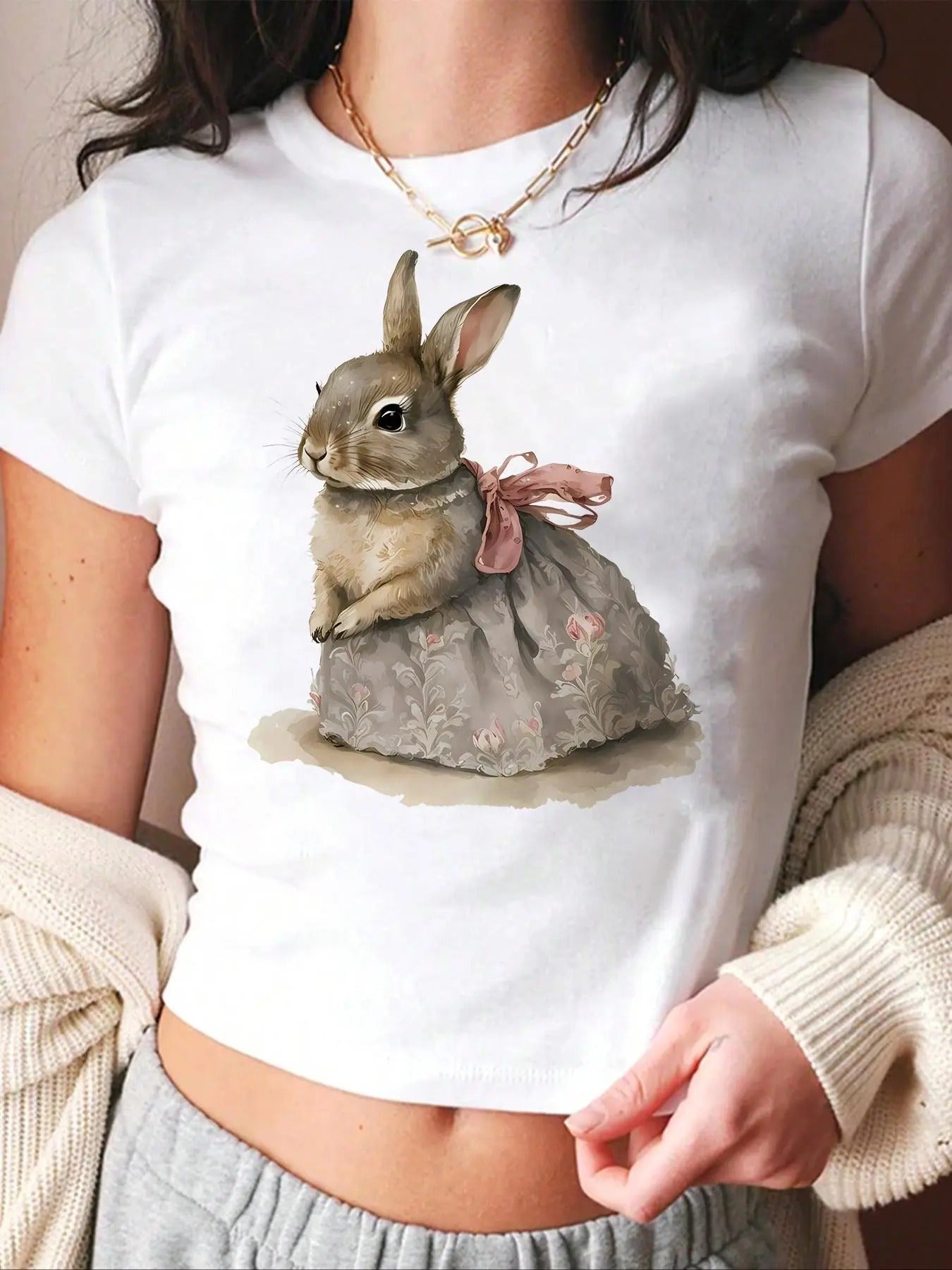 Women's Rabbit Print Round Neck Crop Tee, Cute Casual Crew Neck Short Sleeve T-shirt for Daily Holiday Vacation Outdoor...