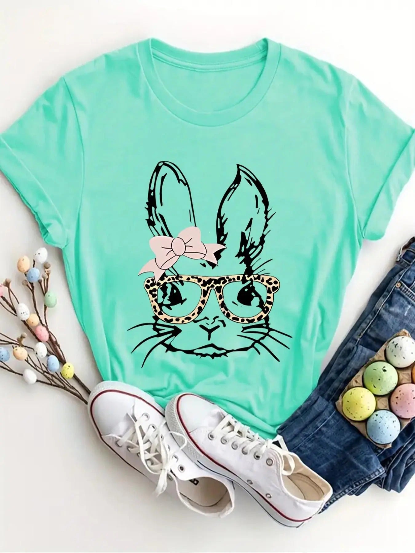 Women's Rabbit Print Short Sleeve Tee, Casual Round Neck T-shirt for Summer, Fashion Women's Top for Daily Wear Hoodie,...