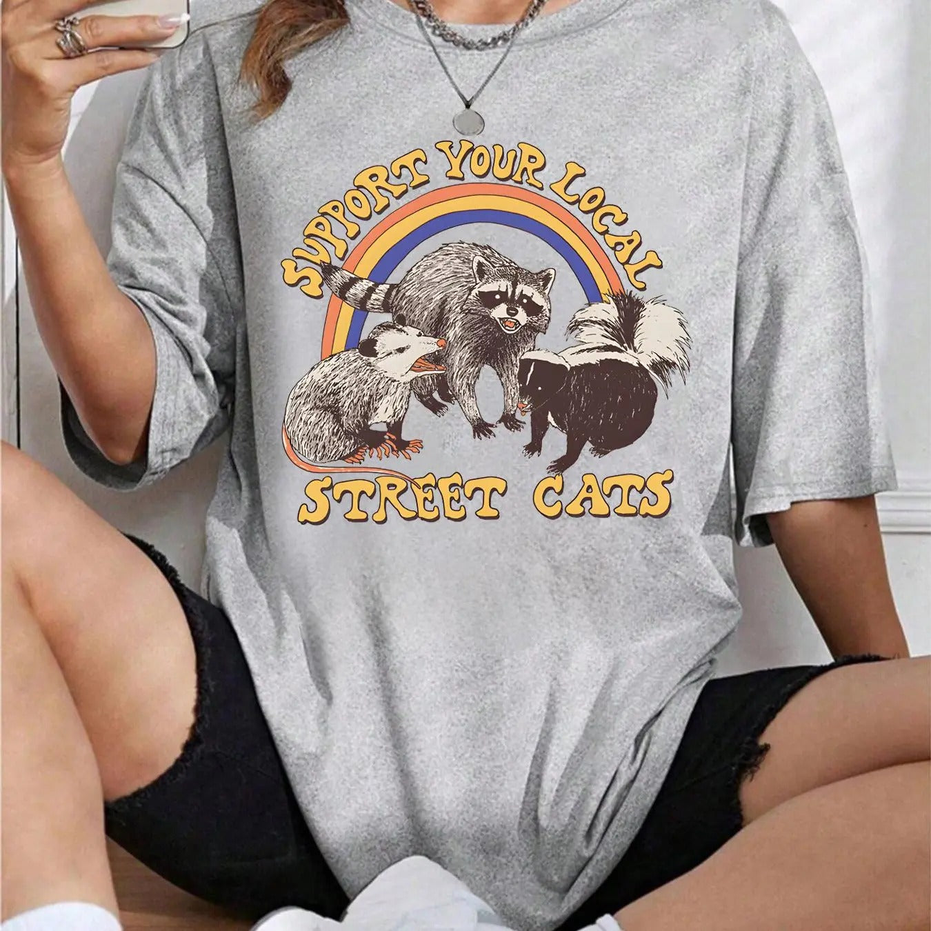 Women's Raccoon  & Letter Print Drop Shoulder Tee, Casual Half Sleeve Round Neck T-shirt for Summer, Fashion Women's Top...