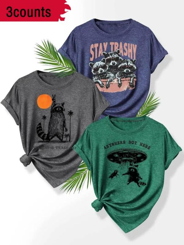 Women's Raccoon & Bear Print Round Neck Tee, Casual Short Sleeve T-shirt for Summer, Ladies Clothes for Daily Wear...