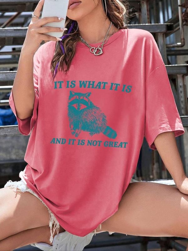 Women's Raccoon & Letter Print Round Neck Tee, Casual Short Sleeve Crew Neck T-Shirt for Summer, Fashion Women's Top for...