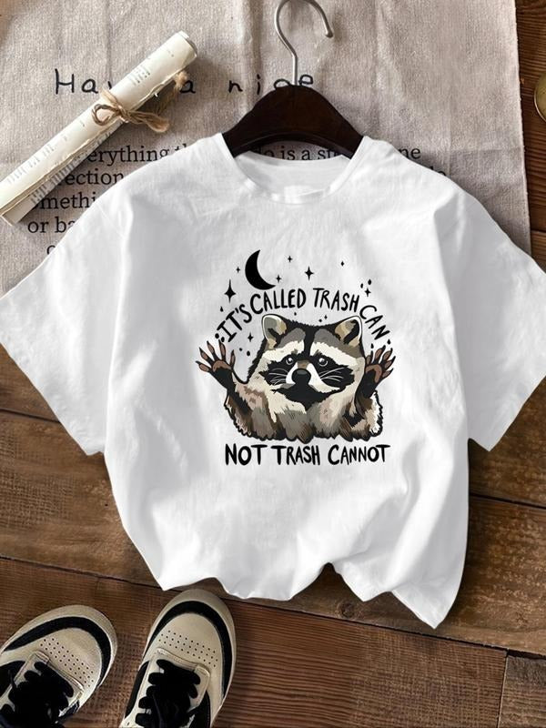 Women's Raccoon & Letter Print Round Neck Tee, Fashion Casual Crew Neck Short Sleeve T-shirt for Daily Outdoor Wear,...