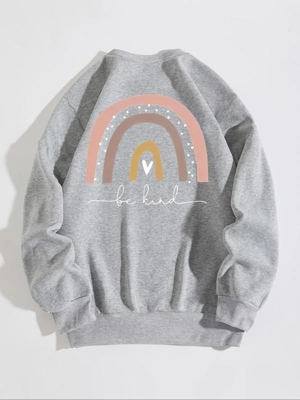 Women's Rainbow & Heart Print Drop Shoulder Sweatshirt, Casual Long Sleeve Round Neck Pullover for Fall & Winter, Women's...