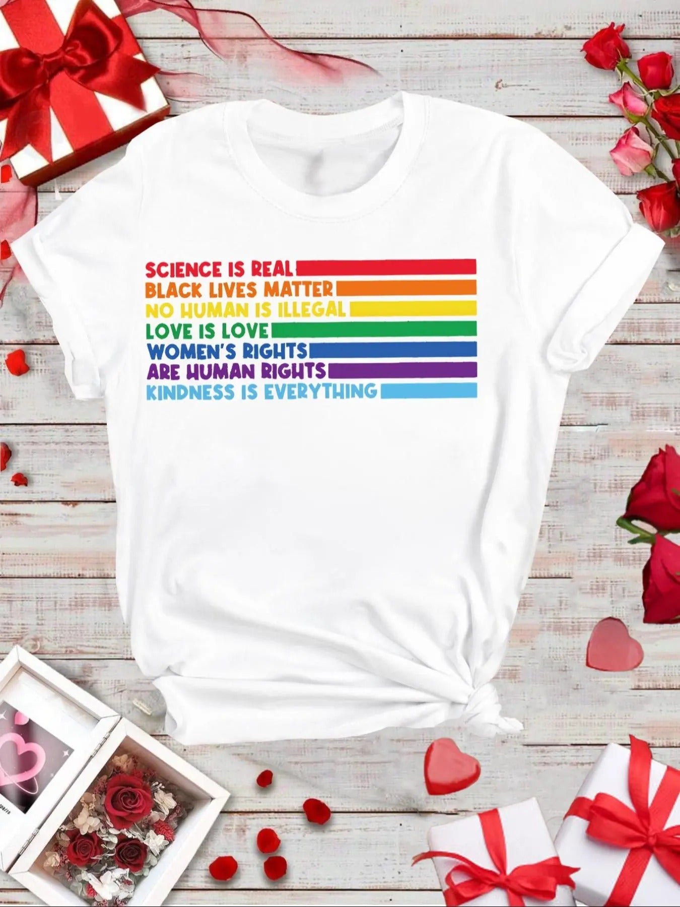 Women's Rainbow & Letter Print Round Neck Tee, Casual Short Sleeve Crew Neck T-shirt for Daily Wear, Ladies Clothes for...