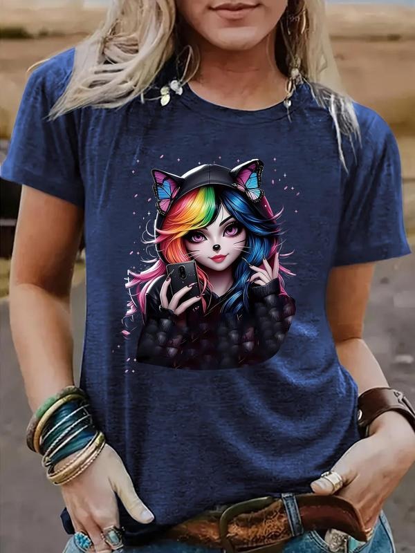 Women's Rainbow Cat Print Round Neck Tee, Fashion Casual Crew Neck T-shirt for Daily Holiday Vacation Outdoor Wear,...