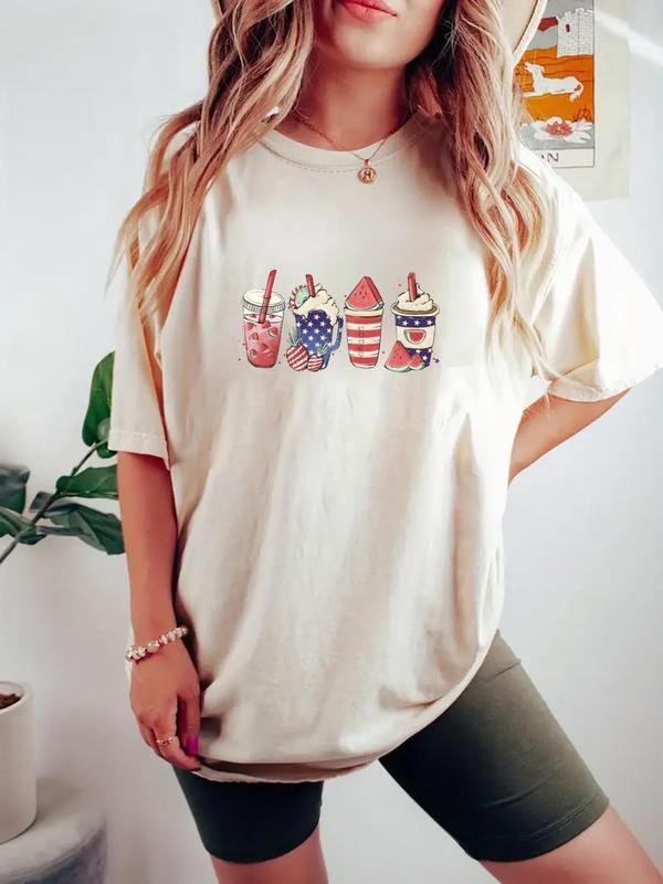 Women's Random American Flag Print Round Neck Tee, Casual Star & Striped Print Short Sleeve T-Shirt for Summer, Women's...