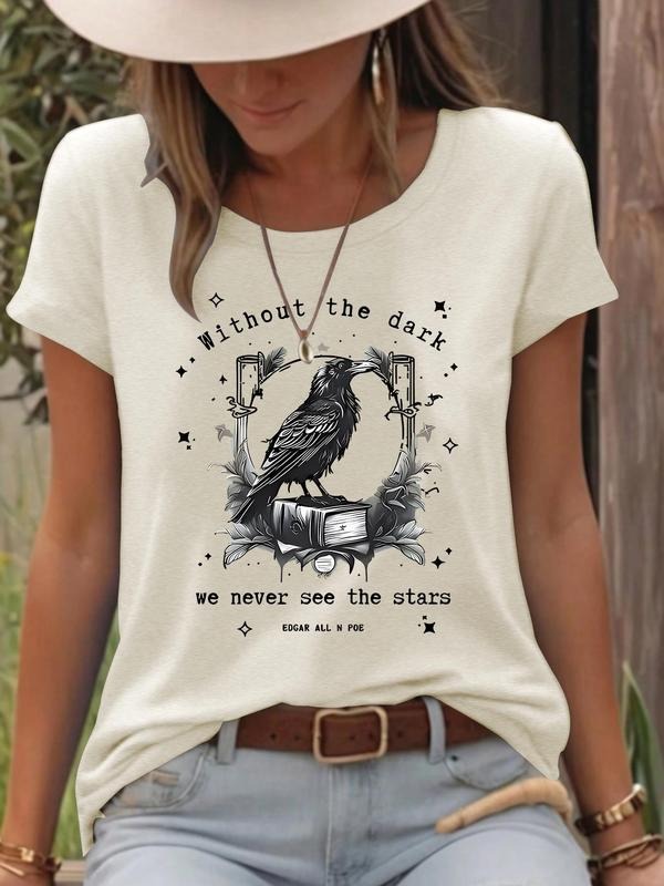 Women's Raven & Book Print Round Neck Tee, Casual Short Sleeve Crew Neck T-shirt for Spring & Summer, Fashion Women's Top...
