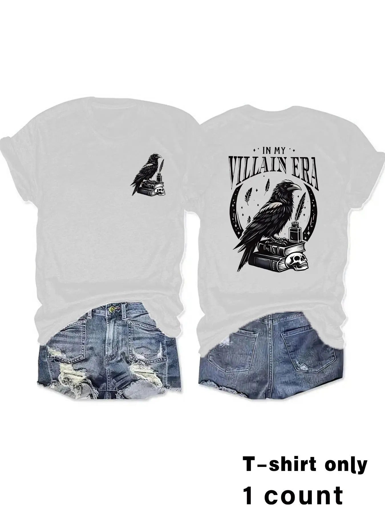 Women's Raven & Letter Print Round Neck Tee, Casual Short Sleeve Crew Neck T-shirt for Summer, Fashion Women's Top for...