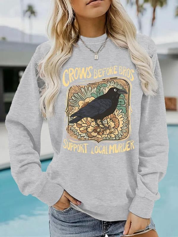 Women's Raven Print Crew Neck Sweatshirt, Casual Long Sleeve Pullover for Daily Wear, Ladies Fall & Winter Clothes,...
