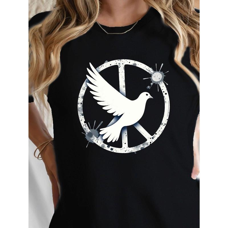 Women's Red T-Shirt with Peace Dove Graphic, Comfortable Fit, Short Sleeve, Casual Style, Machine Washable, 180g Pure...