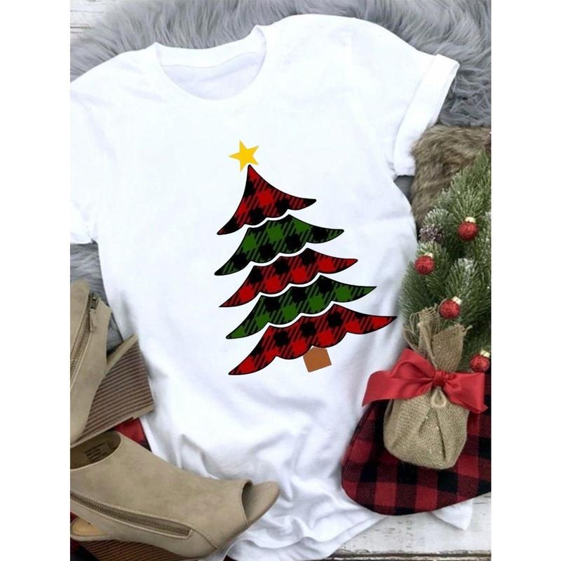Women's Regular Shoulder Christmas T-Shirt, Christmas Tree Print Casual Short Sleeve Tees Blouse, Fall Graphic Tees Women...