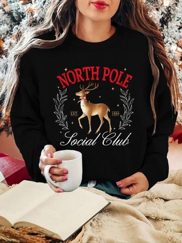 Women's Reindeer & Letter Print Crew Neck Sweatshirt, Casual Long Sleeve Pullover for Daily Wear, Ladies Clothes for All...