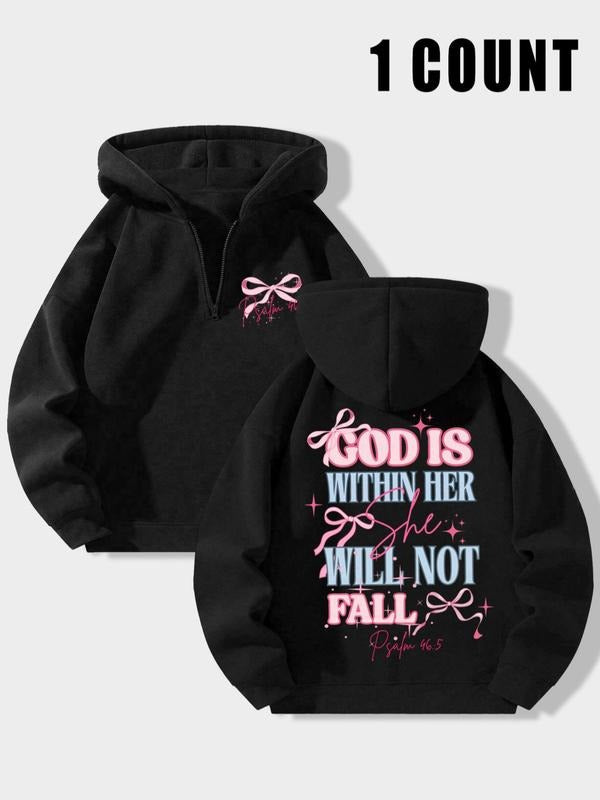 Women's Religious "God Is Within Her She Will Not Fall" Bow Graphic Geometric Half-Zip Hoodie - Psalm 46:5 Fleece-Lined...
