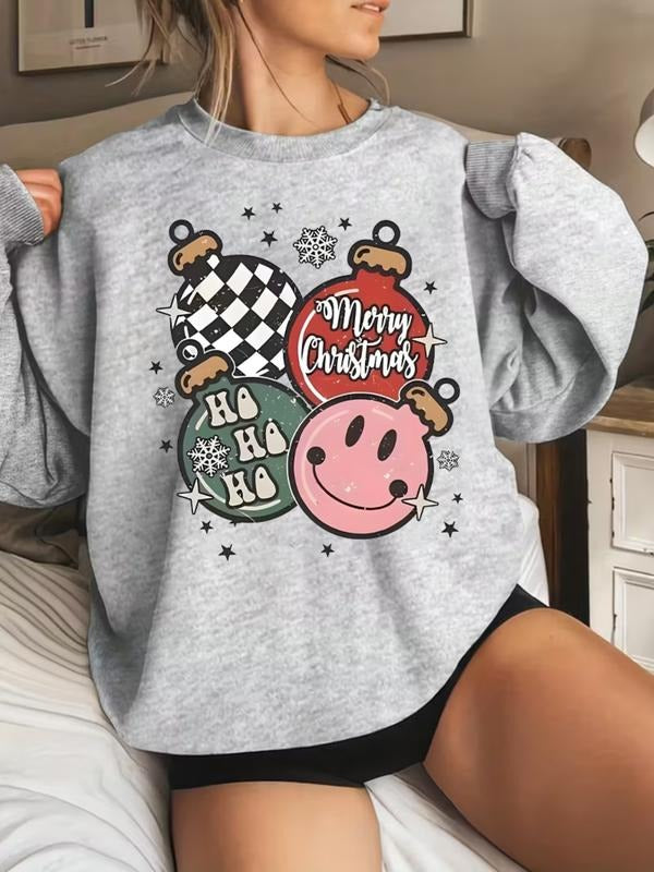 Women's Retro Casual Oversized Crewneck - Funny Christmas Baubles & "Merry Christmas" Graphic Sweatshirt T-Shirts, Hoodie