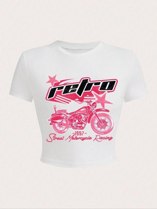 Women's Retro Motorcycle Print Round Neck Crop Tee, Casual Short Sleeve T-shirt for Summer, Ladies Clothes for Daily Wear...