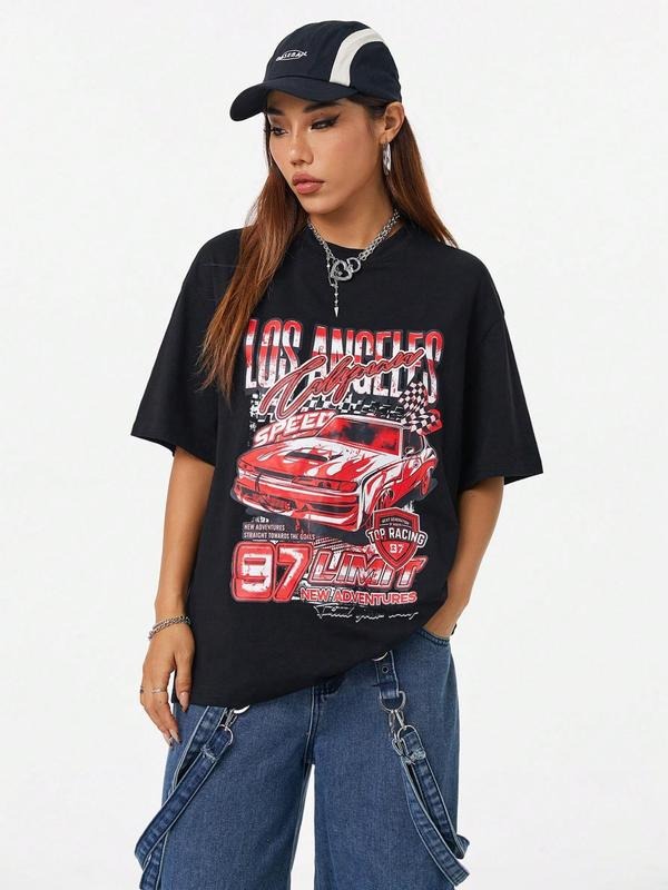 Women's Retro Racing Print Loose-Fitting T-Shirt, Casual Summer Tee with Drop Shoulder Design, High Street Fashion...