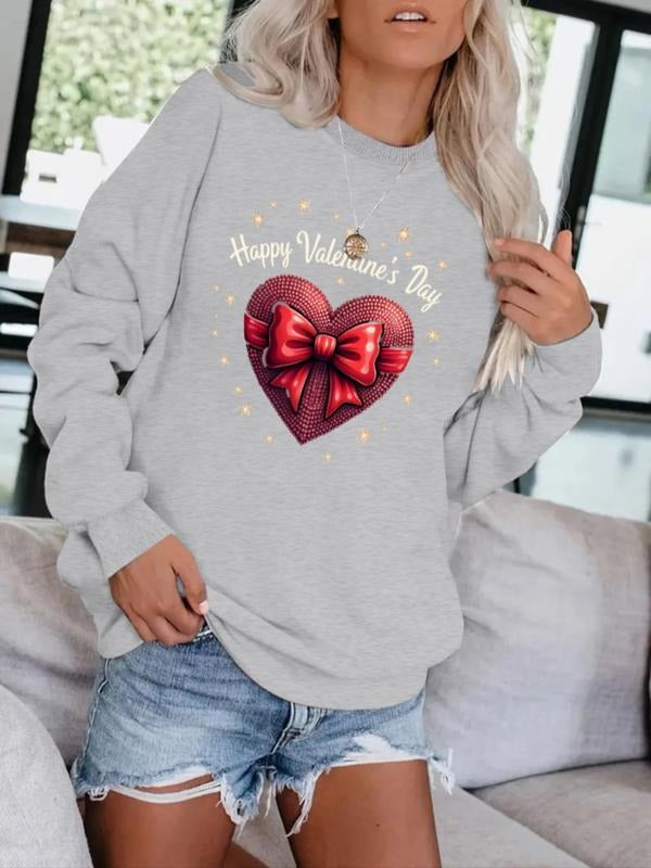 Women's Rhinestone Heart and Bow Sweatshirt, Valentine's Day Print Casual Round Neck Pullover, Soft Fall & Winter Top...