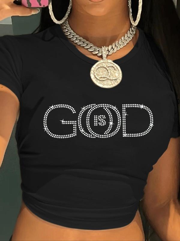 Women's Rhinestone Letter Decor Round Neck Crop Tee, Fashion Casual Crew Neck Short Sleeve T-Shirt for Daily Outdoor...