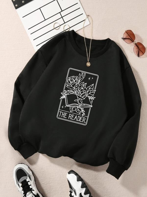 Women's Rose & Letter Print Drop Shoulder Sweatshirt, Casual Long Sleeve Round Neck Pullover for Fall & Winter, Women's...
