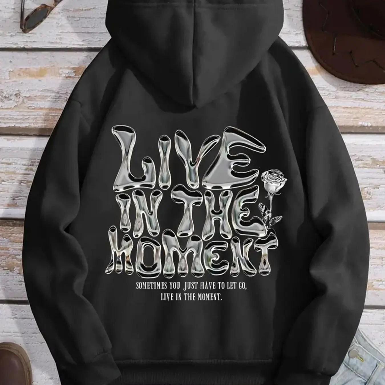 Women's Rose & Letter Print Hoodie, Fashion Casual Hooded Sweatshirt for Daily Holiday Outdoor Wear, Women Clothing for...