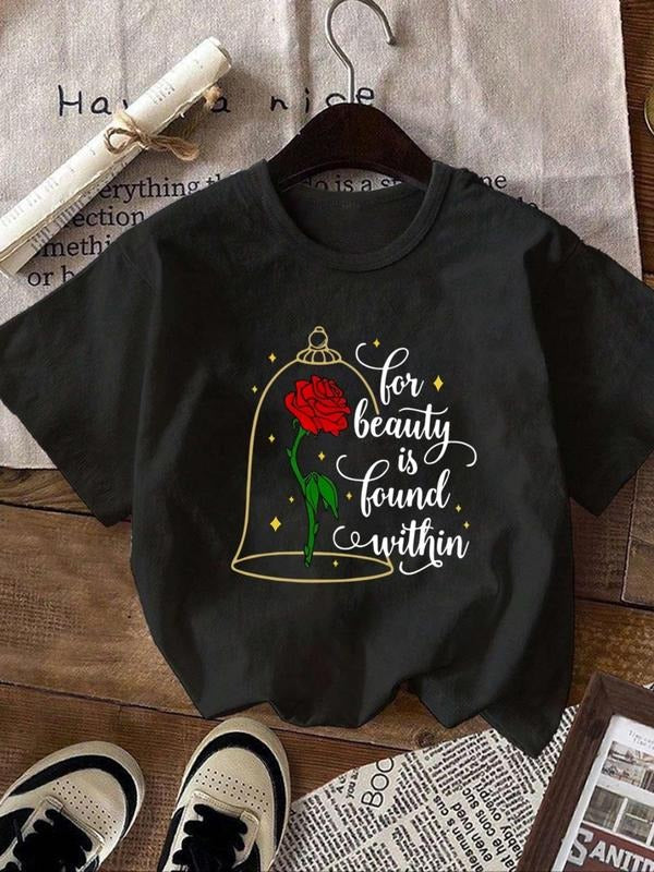 Women's Rose & Letter Print Round Neck Graphic Tee, Vintage Trendy Casual Short Sleeve T-shirt For Daily Wear, Ladies...