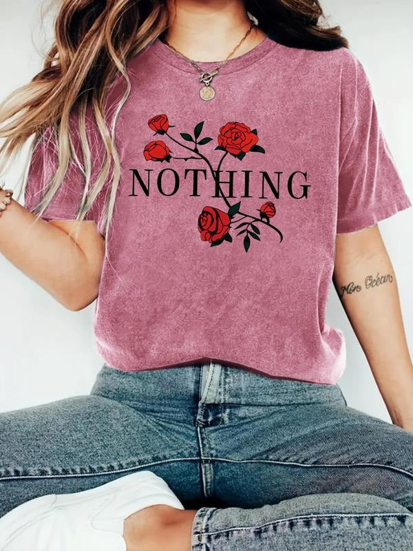 Women's Rose & Letter Print Round Neck Tee, Vintage Trendy Casual Short Sleeve T-shirt for Daily Wear, Ladies Summer...
