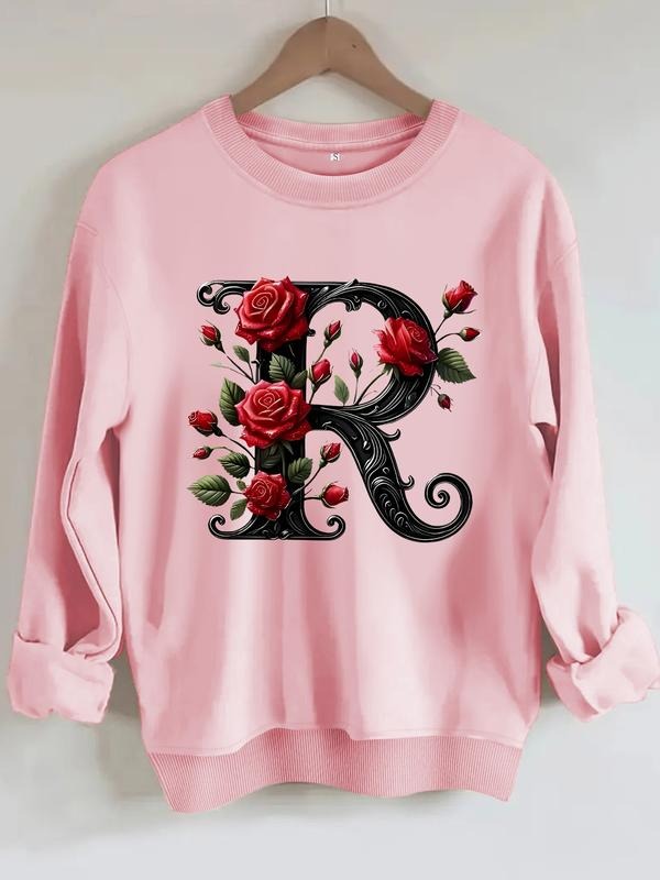 Women's Rose Letter R Print Casual Round Neck Sweatshirt, Soft Pullover, Fall & Winter Essential, Comfortable Fabric...