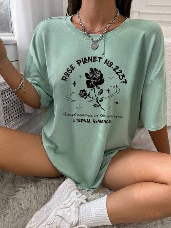 Women's Rose Print Round Neck Graphic Tee, Vintage Trendy Casual Drop Shoulder Half Sleeve T-shirt For Daily Wear, Ladies...