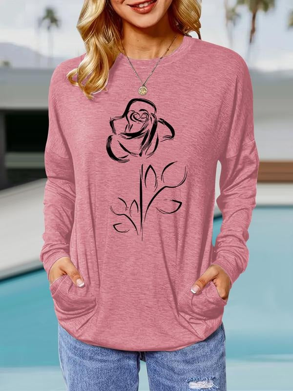 Women's Rose Print Round Neck Long Sleeve Pullover, Casual Loose-Fit T-Shirt with Pockets, Comfortable Spring & Fall...