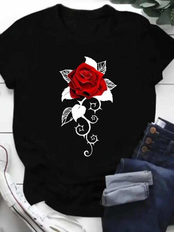 Women's Rose Print Round Neck Tee, Fashion Casual Short Sleeve T-shirt for Daily Wear, Ladies Summer Clothes Hoodie,...