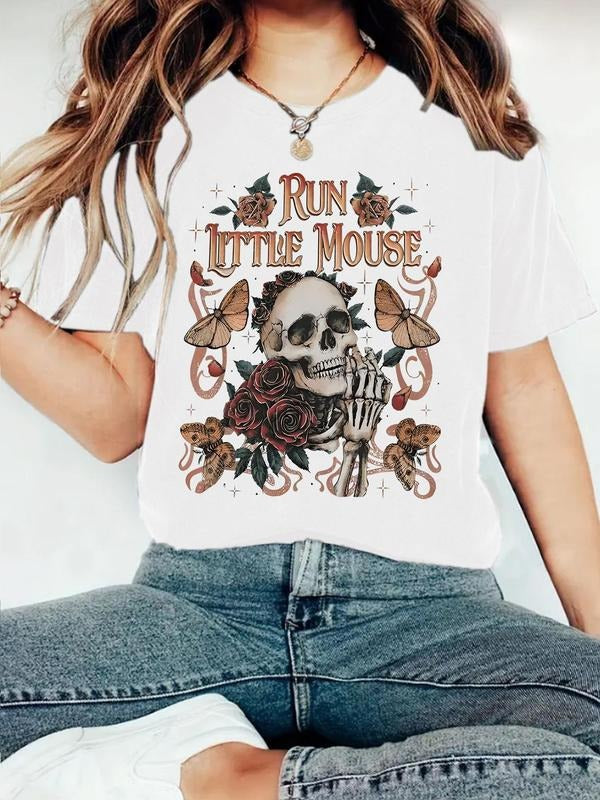 Women's Rose Skull Print Round Neck Tee, Vintage Trendy Casual Short Sleeve T-shirt for Daily Wear, Ladies Summer, Top...