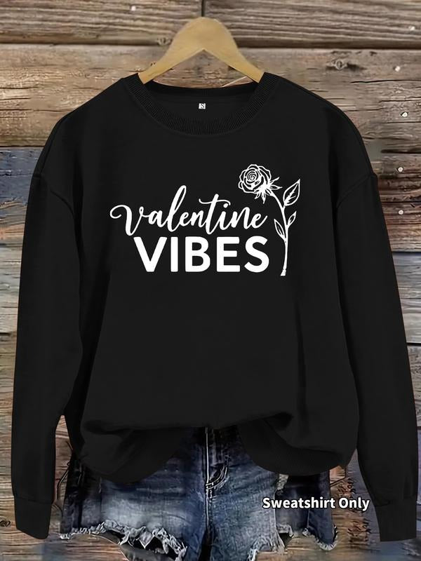 Women's Rose and Heart Print Casual Round Neck Sweatshirt, Soft Pullover, Fall & Winter Essential, Comfortable Fabric...