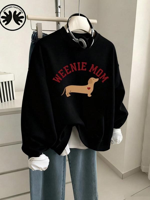 Women's Round Neck Fleece Sweatshirt, Loose Fit, Sausage Dog Letter Print, Casual Long Sleeve Sport Top, Fall & Winter...
