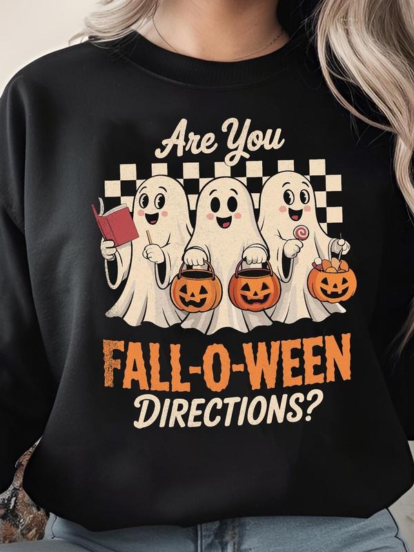 Women's Round Neck Pullover Sweatshirt, American Street Style, Cool Fashion, Cute Ghost Print Hooded Fleece Sweater for...