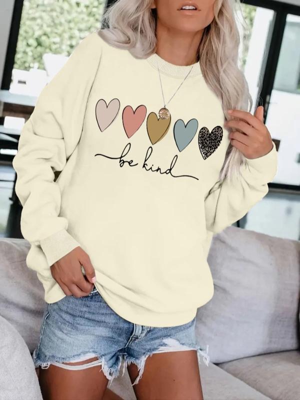 Women's Round Neck Sweatshirt, Colorful Heart Pattern & Be-Kind Letter Print, Soft Casual Long Sleeve Pullover,...