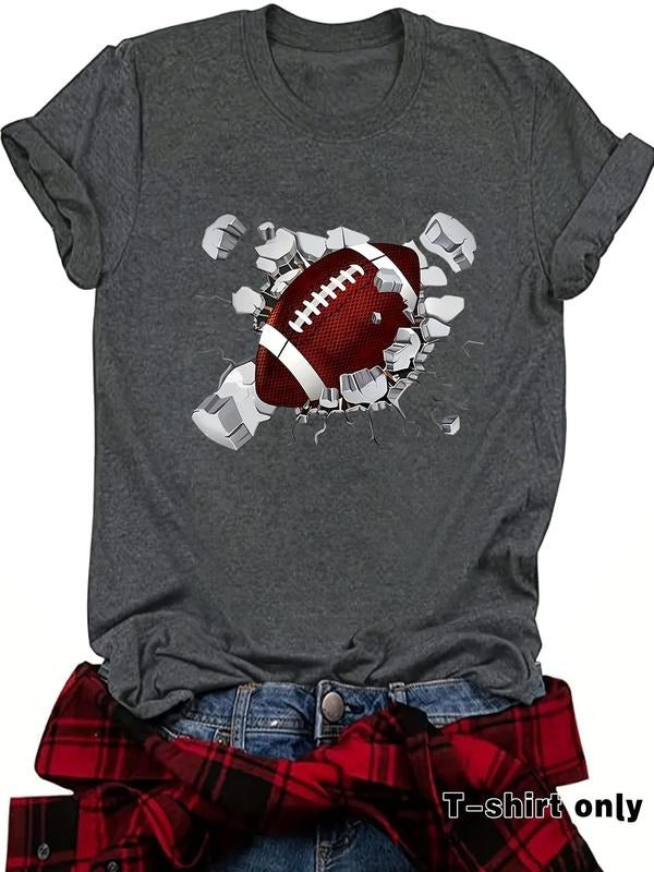 Women's Rugby Print Round Neck Tee, Casual Short Sleeve Crew Neck T-Shirt for Summer, Fashion Women's Top for Daily Wear...
