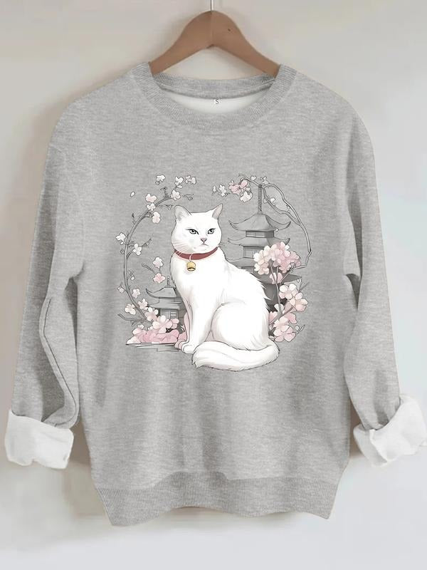 Women's Sakura Cat Print Round Neck Sweatshirt, Casual Fitted Pullover, Medium Stretch, All-Season Comfort T-Shirts, Hoodie