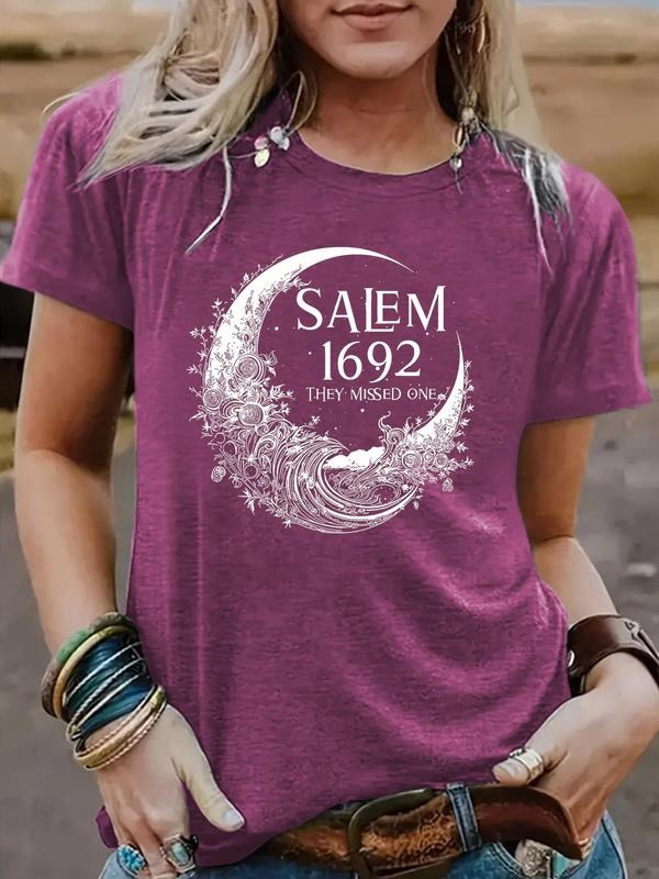 Women's Salem 1692 Graphic Print Round Neck Tee, Fashion Casual Short Sleeve T-shirt, Ladies Summer Clothes for Daily...