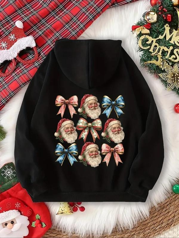 Women's Santa Claus & Bow Print Drawstring Pocket Hoodie, Casual Comfort Long Sleeve Hooded Sweatshirt for Fall & Winter,...