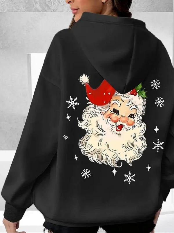 Women's Santa Claus Print Drop Shoulder Hoodie, Fashion Casual Drawstring Pocket Hooded Sweatshirt for Daily Holiday...
